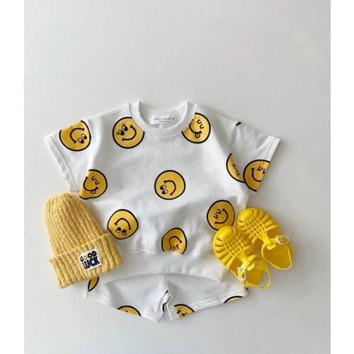 Korean Baby Kids Short Sleeve Tshirt Shorts Sets Cute Toddler Boy Girl Smiling Face Cotton Clothing Sets Kids Two Piece Sets