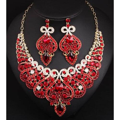 Vintage Female Crystal Jewelry Set Charm Gold Silver Color Wedding Drop Earrings For Women Luxury Bridal Chain Necklace Fashion