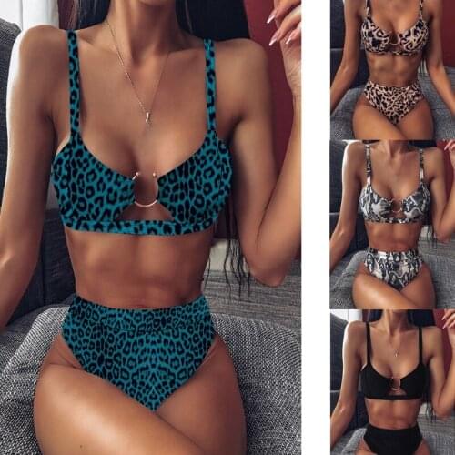 Women Summer Sexy 2pcs Snakeskin Leopard Print Bikini Set U-Shaped Metal Wire Push Up Swimsuit High Waist Bathing Suit
