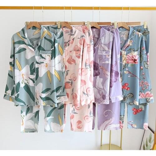 New Loose Womens Pajamas Set Print Knit Cotton Homewear Clothes Long Sleeve Trousers Sleepwear Spring Summer Lady Pijamas Suit