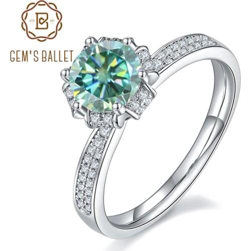 GEMS BALLET 925 Sterling Silver Green Moissanite Rings For Women 1.0Ct 6.5mm Round Floral-Style Moissanite Engagement Ring