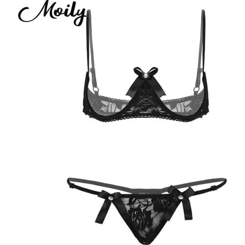 2Pcs Womens Sheer Lace Lingerie Nightwear Sissy Exotic Sets Spaghetti Straps Exposed Breasts Open Cup Shelf Bra with G-strings