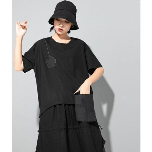 2021 Popular Cotton polyester Irregular Black Summer Tees Tops O-Neck Big Pocket Loose Size Casual Slim Women T-Shirt Dress
