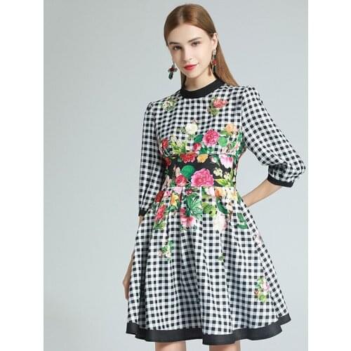 2021 Spring Summer Dress Knee Length 3/4 Sleeve Empire Crew Neck Flora Print F lora Beads Plaid