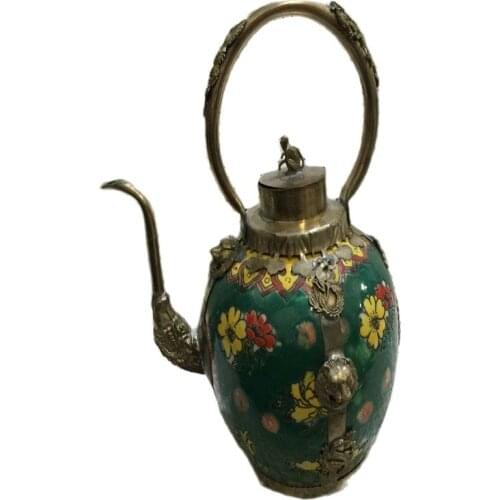 Antique white copper, Miao silver, porcelain inlaid, flowered kettle, teapot, wine pot, furniture ornaments
