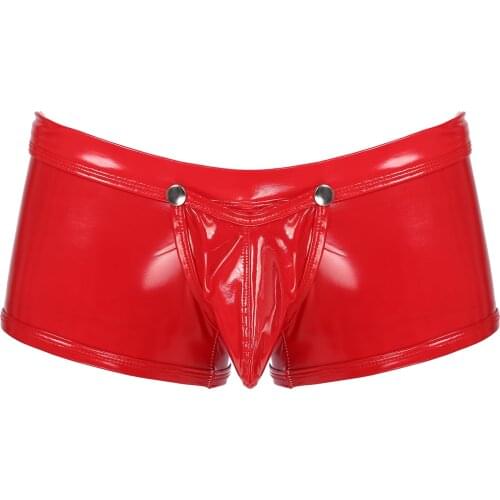 Large Size Patent Leather Boxer Briefs Men Hollow Out Glossy Removable Bulge Pouch Underwear Stage Show Wet Look Low Rise Shorts