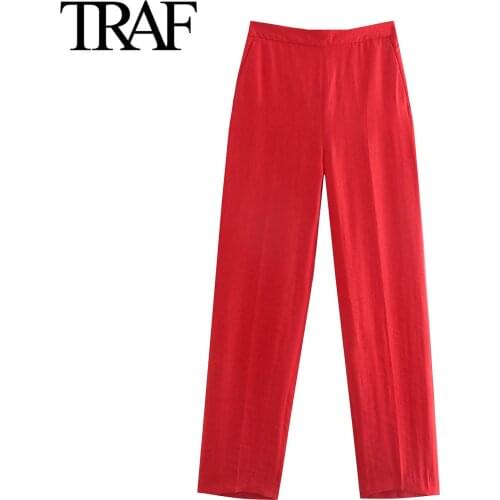 Traf Za Women Fashion Red Linen Pants Back Elastic High Waist Wide Leg Pants Retro Side Pocket Office Lady Trousers Mujer