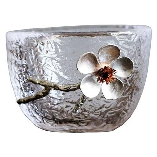 Japanese Style Kung Fu Tea Cup Transparent Glass Drinking Single Cup with Flower 12 Style Optional