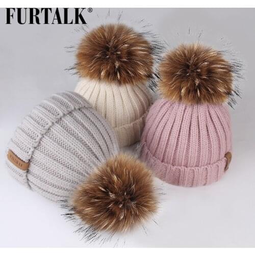 FURTALK Winter Pompom hat for Kids Ages 1-10 Knit Beanie winter baby hat for children fur Pom Pom Hats for girls and boys
