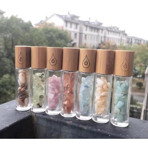 10ml Natural Semiprecious Stones Roll on Bottles Gemstone Essential Oil Roller Bottles Bamboo Cover Perfume bottle with wood lid