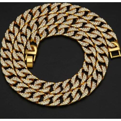 Iced Out Paved Rhinestone Link Chain 15MM Gold Color Miami Cuban Chain CZ Bling Rapper Necklace Bracelet for Men HipHop Jewelry