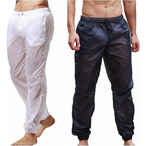 Summer Mens Ultra-Thin Solid Color Elastic Waist Drawstring Loose Fit Casual Trousers Long Pants with Pockets Male Beachwear