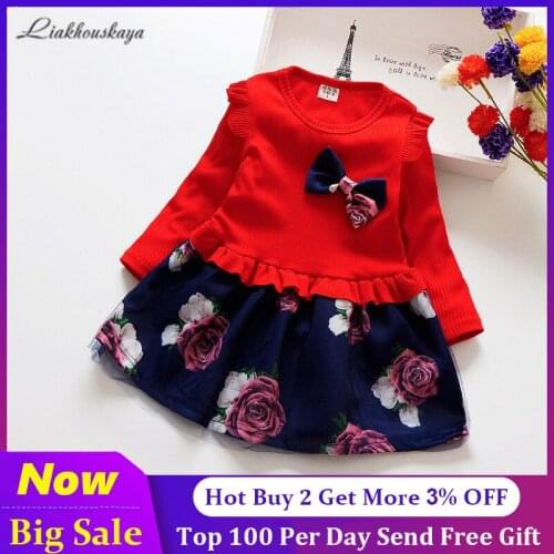 2020 New Spring Girls Dress Rose Pattern Casual Style Cartoon Pink Long Sleeve Wool Bow Design For Princess Dress Girls Clothes