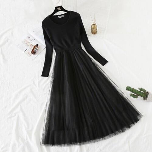 Spring autumn new French style restoring ancient ways in 2020 net yarn splicing render over-the-knee sweater dress