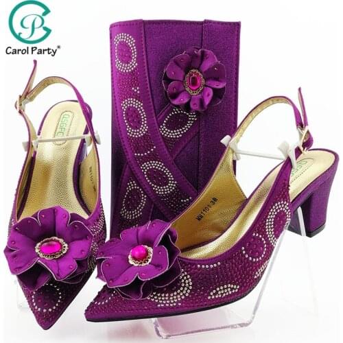 2020 New Arrival Magenta Color Italian design Shoe with Matching Bags Set Decorated with Rhinestone Nigerian Women Wedding Shoes