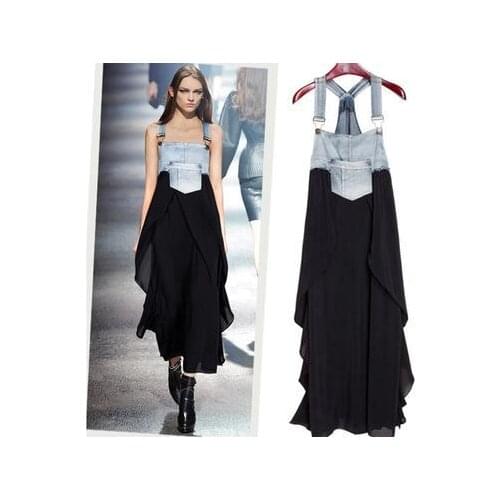 New Fancy Girls Denim Overalls Black Chiffon Patchwork Long Summer Casual Bohemian Women Dresses