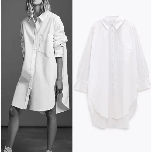 Autumn 2021 White Oversized Button Up Shirts Women Blouses Blue Collar Poplin Shirt Long Sleeve Plus Size Ladies Tops Pocket