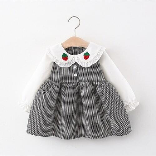 Autumn Baby Girls Strawberry Peter Pan Collar Long Sleeve Plaid Print Kids Princess Party Pleated Dress Vestidos