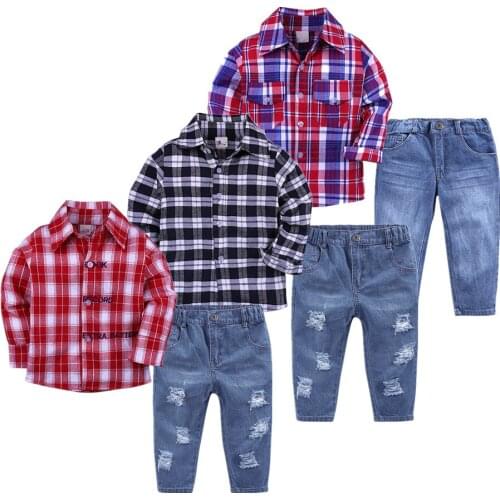 Autumn Children Clothing Sets Kids Boys Clothes Autumn Gentleman Suits Plaid Long Sleeve Shirt + Jeans Pant Kids Boy Clothing