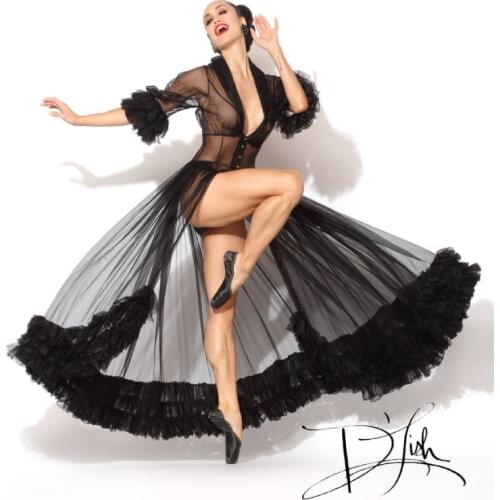 Sheer Black Ruffled Dressing Gown Bridal Robes Tulle Bathrobe Night Dresses Sleepwear Womens Sleep Gowns Femme Lingerie