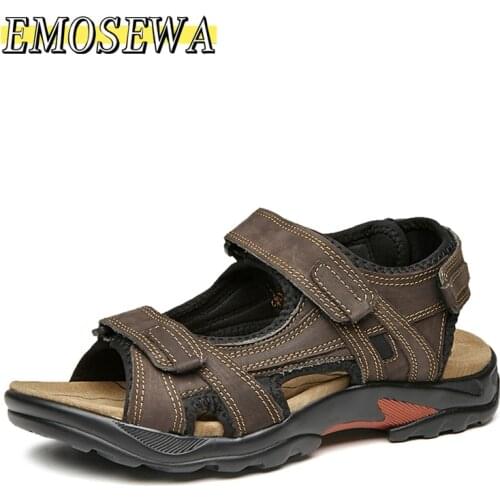 EMOSEWA New Summer Sandals Men Genuine Leather High Quality Beach Outdoor Sandals Comfortable Soft Footwear Rubber Shoes Size 48