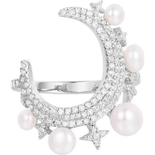 SLJELY 925 Sterling Silver One Thousand and One Night Star Moon Pearl Ring Micro Cubic Zirconia Women May Collection Jewelry