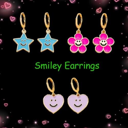 New Ins Pink Flower Smiley Earrings for Women Y2k Jewelry Egirl Charms Star Heart Smiley Earrings Friends Gifts Wholesale
