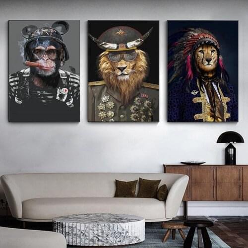 Nordic Home Decor Lion General and Monkey Soldier Funny Art Prints Animal Painting on Canvas Wall Decorative Poster Pictures