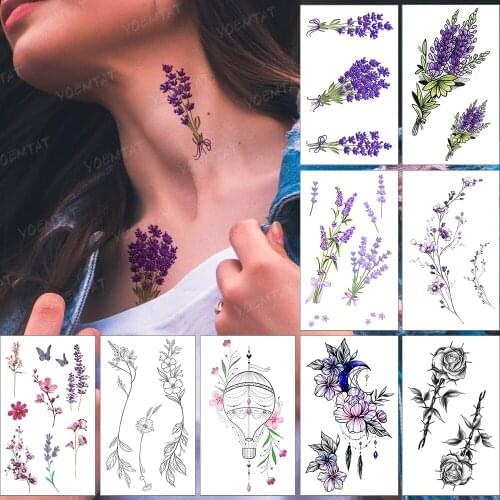 Waterproof Temporary Tattoo Sticker Ladies Color Lavender Purple Flower Finger Arm Hand Fake Tatoo Woman Man Child Flash Tatto