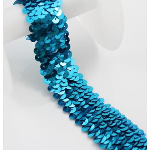 Beaded 3 Row Sequin Trim Fabric Blue Elastic Stretch Ribbon Applique Braided Lace Belt Sewing Supplies for Costume 30yard/T1081