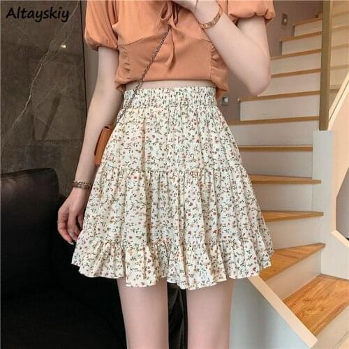 Skirts Women Mini Ruffles Floral Summer Loose Ulzzang Casual All-match Korean Style Retro High Waist A-line Fashion Streetwear