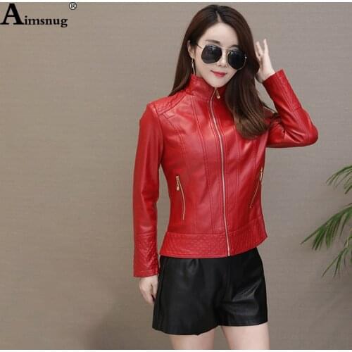 Plus Size 5xl Faux Pu Leather Jacket Women Red Autumn Outerwear Pockets Zipper Office Lady Coat Slim Elastic Ladies Biker Jacket