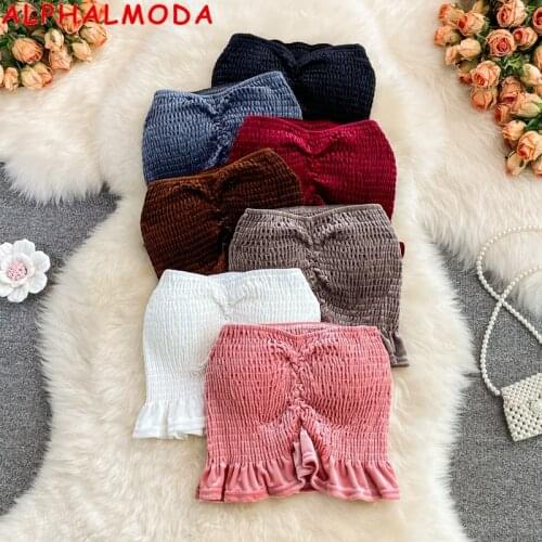 ALPHALMODA 2021 Autumn Women New Wrap Chest Sexy Ruffle Edge Short Strapless Velvet Top Ladies Solid Bustier Underwear Camisole