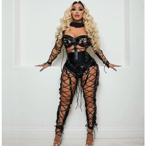 Punk Style Hollow Out Jumpsuit Bandage Rave Clothes Nightclub Bar Sexy Outfit Women Erotic Wear Stage Perfornance Show Costume