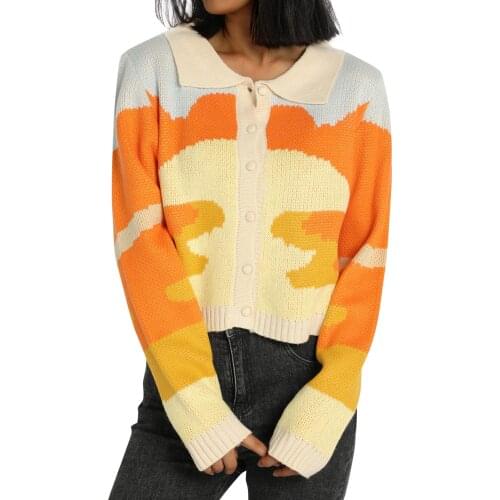 2021 Womens Button Down Sweater Tops 90s Girls Casual Long Sleeve Sweaters Fashion Color Block Knitted Lapel Cardigan Outwear