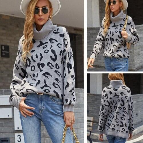 ZJZLL Leopard Print Sweater Womens Autumn Winter 2021 New Fashion Lapel Pullover European American Knitted Split Thick Coat Top