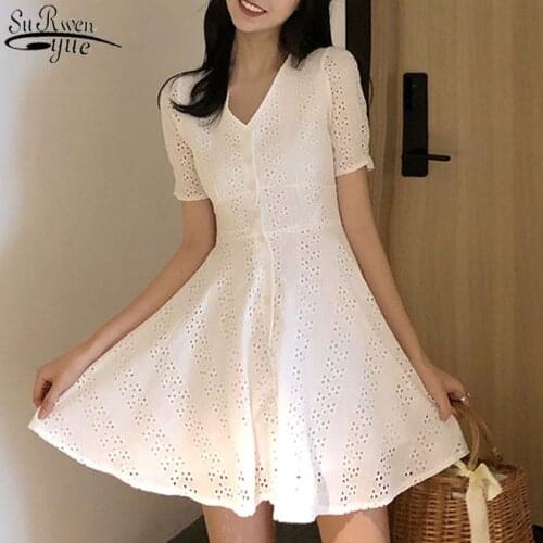 Temperament Solid Hollow Out White Dress Hollow Out Sweet Summer Dress for Women Chic High Waist Slim Party Dress Vestidos 14141
