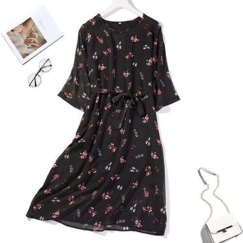 Womens 100% Mulberry Silk Half Sleeve Two-Layers Black Floral Dress Crew Neck Size M L JN604