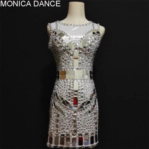 Women Sexy Stage Sparkly Crystals Mirrors Dress Wear Silver Shinging Dress Women Singer Rhinestones Evening Luxurious Outfit