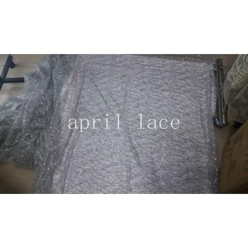 5yards HLL1600 hand print silver line mesh glitter lace fabric for india african wedding /evening dress