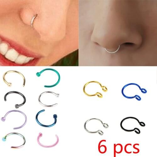 6 Pcs Stainless Steel Fake Nose Ring C Clip Lip Ring Earring Helix Rook Tragus Faux Septum Body Piercing Jewelry