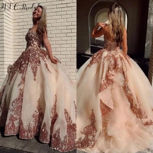 Sparkly Golden Sequins Appliques Ball Gown Prom Dresses Strapless Corset Back High Quality Organza Long Evening Party Dress
