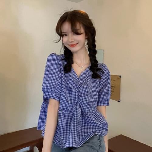 Blouse Women Blue V-neck Plaid Shirt Womens Summer New Design Sense Niche Short Fluffy Sleeve Top