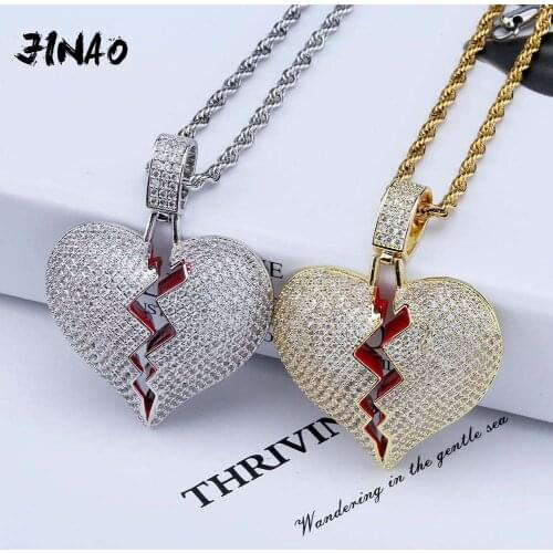 JINAO Fashion Broken Heart Iced Out Chain Pendant Necklace Statement Gold Color Cubic Zircon Necklace Hip Hop Mens Jewelry Gift
