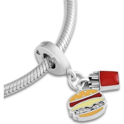 Burger & Fries Dangle Charms Fits Pandora Bracelet 925 Sterling Silver Mixed Enamel DIY Beads for Jewelry Making Bijoux Femme