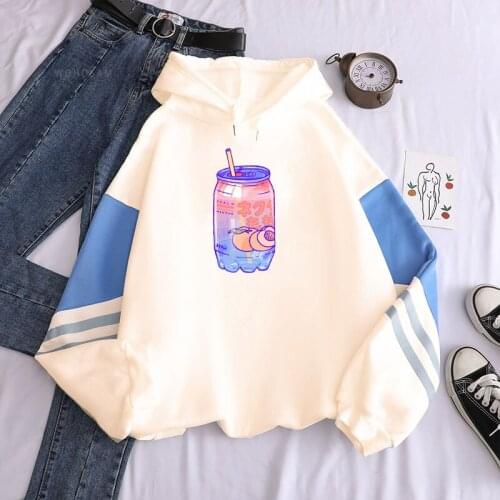 Kawaii Gradient Peach Juice Drink Print Cartoon Women Hoodies Sweatshirt Harajuku Aesthetics Winter Women Oversize Black Hoodies