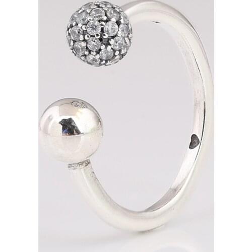 Authentic S925 Polished & Pave Bead Open With Crystal Ring For Women Wedding Party fit Lady Fine Jewelry