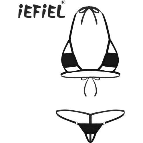 Sexy Female Women Lingerie Set Halter Neck Self-tie Mini Micro Bikini Bra Top with G-String Briefs Underwear for Nightwear Set