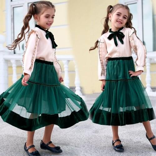 Preppy Style Baby Girls Sets Long Sleeve Bow Shirts + Skirts 2pcs Wedding Party Princess Dresses Kids Clothes for 6 8 10 12 Year
