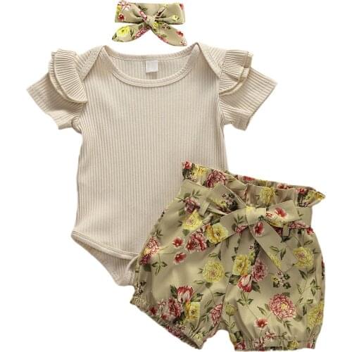 0-18M Summer Newborn Baby Girls Clothes Sets Solid Romper Floral Print Shorts Pants Outfits Sunsuit 3PCS